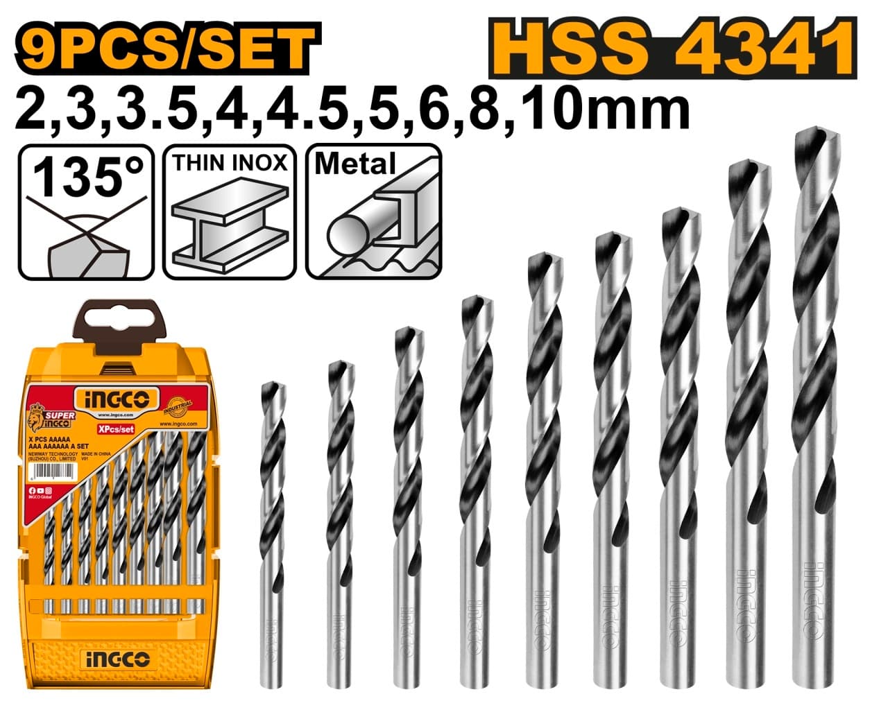Set Burghie Metal 9 buc AKD1095 – HSS 4341, 2-10mm, Burghie Elicoidale Precizie pentru Otel si Metale