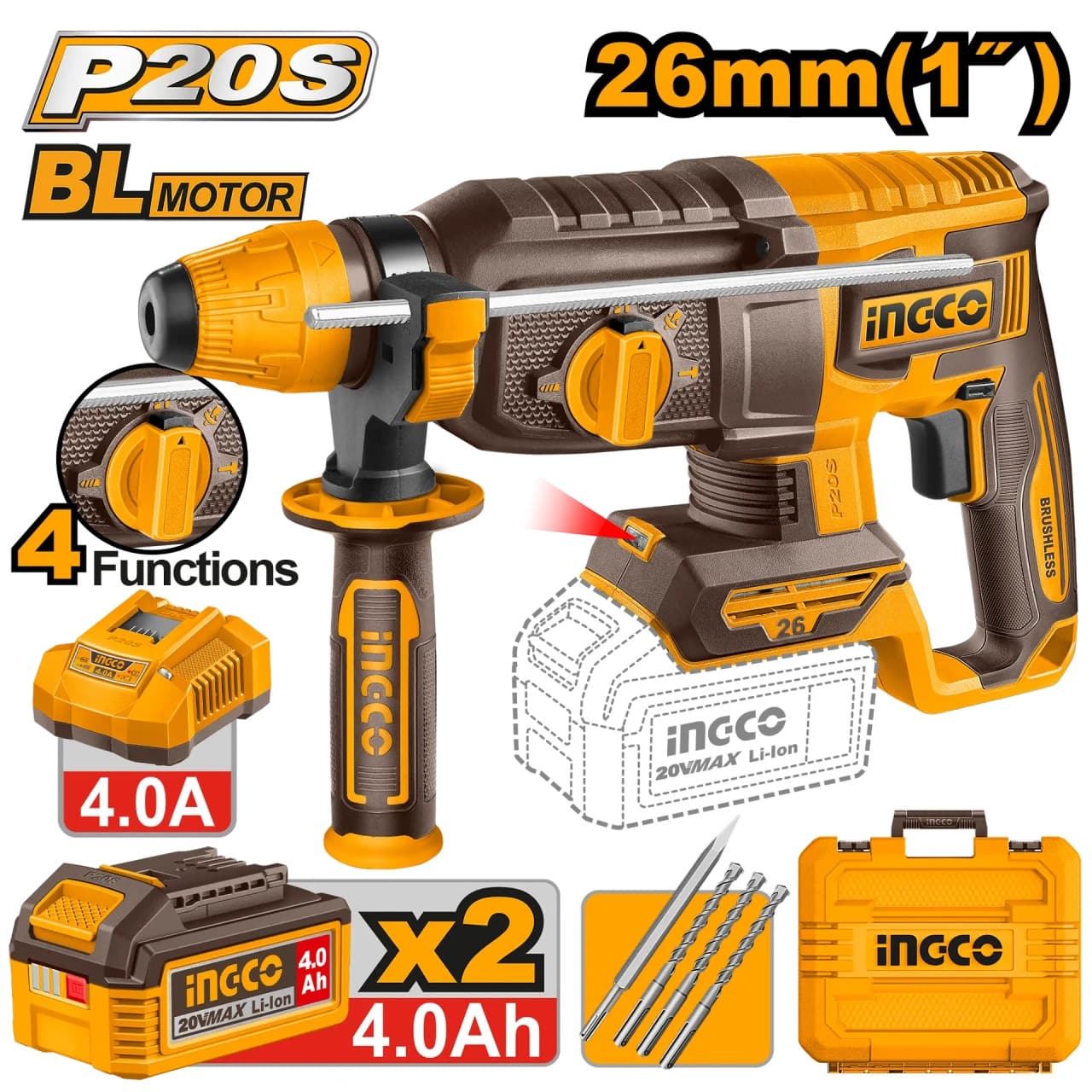 Ciocan rotopercutor INGCO CRHLI262085E, 20V, Brushless, SDS Plus, 2.5J, 26mm beton, 13mm otel, 30mm lemn, 0-1100 RPM, 0-5000 BPM, LED, 2 acumulatori 4Ah, incarcator si valiza