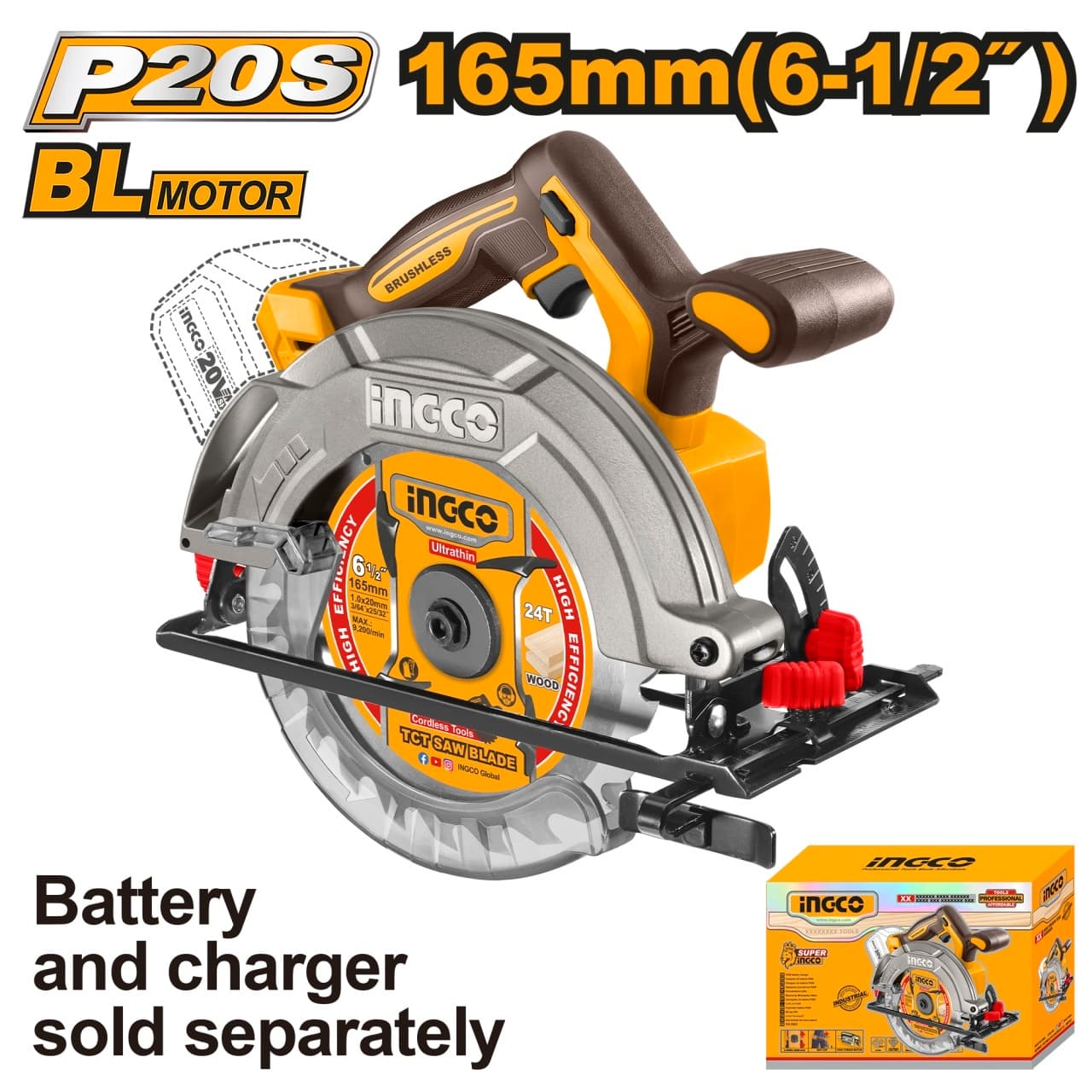 Fierastrau Circular Profesional 20V 165mm Brushless INGCO CSLI1652, 5200 rpm, taiere 55mm la 90°, 42mm la 45°, reglaj adancime si unghi, fara acumulator si incarcator