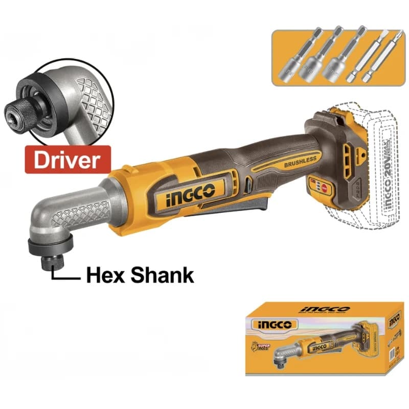 Filetanta unghiulara cu impact INGCO CAIRLI2081, 20V, Brushless, 80Nm, HEX 1/4”, 90 grade, 3 trepte viteza, 2200 RPM, 3400 BPM, fara acumulator si incarcator