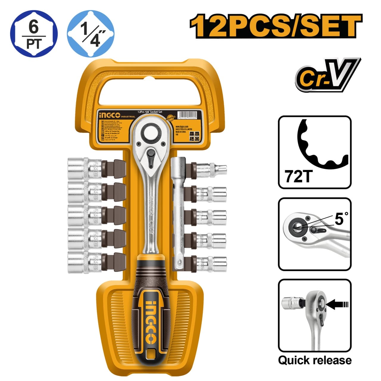 SET CHEI TUBULARE CU CLICHET 1/4", 12 BUCATI INGCO HKTS14122