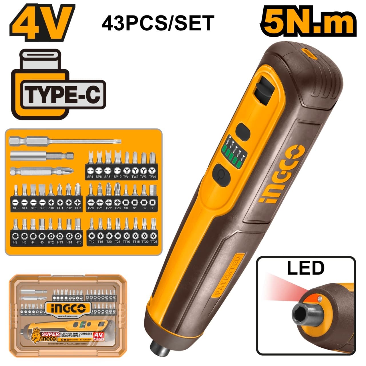 Surubelnita Electrica 4V 5Nm Set 43 Piese CSDLI04062 – surubelnita electrica compacta cu biti multipli, LED si incarcare USB-C