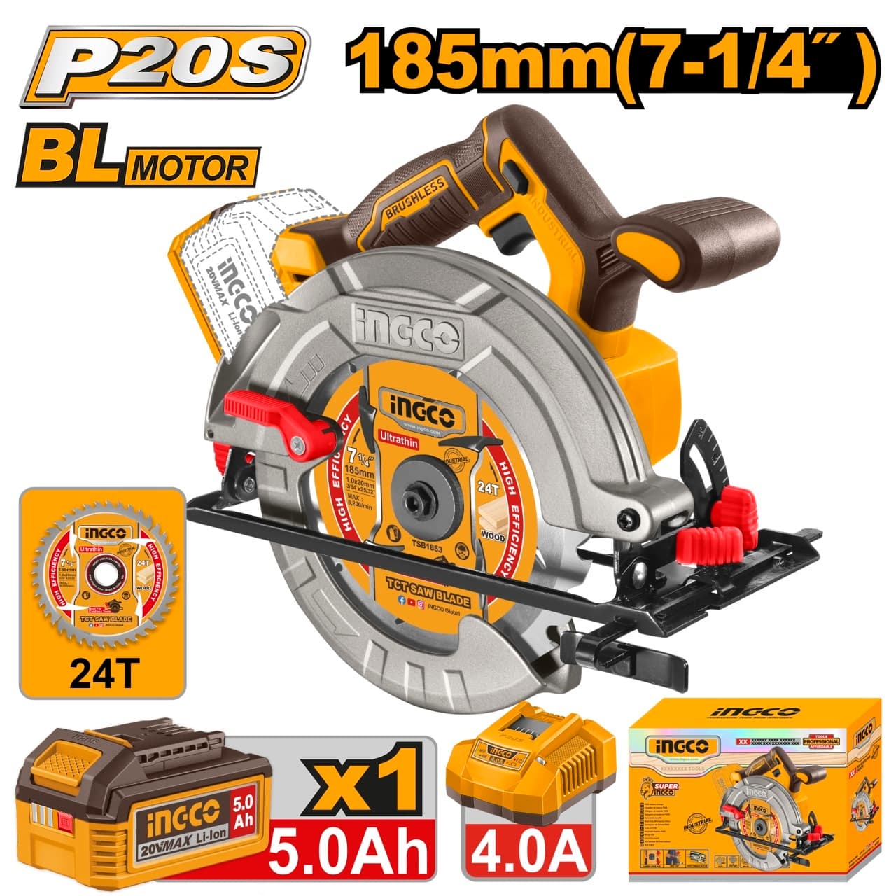 Fierastrau Circular Profesional 20V 185mm Brushless INGCO CSLI18513E, 4800 rpm, taiere 65mm la 90°, 45mm la 45°, ax 20mm, 1 acumulator 5Ah + incarcator + accesorii incluse