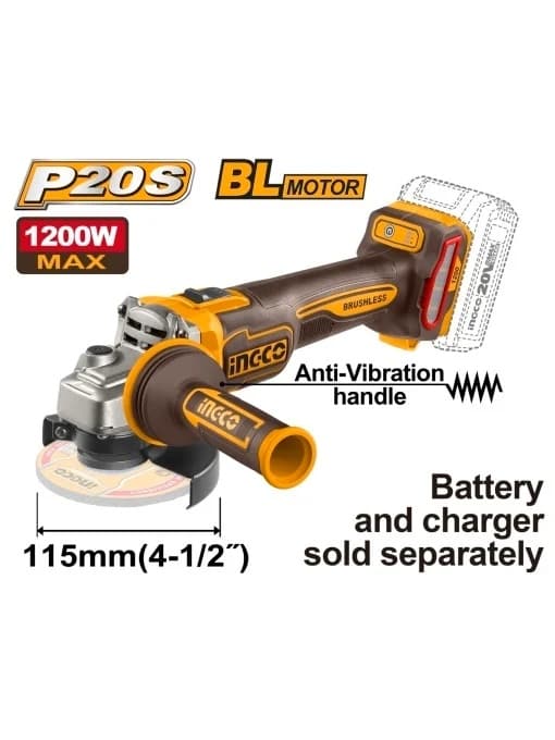 Flex unghiular INGCO CAGLI212025, 20V, Brushless, 115mm, 1200W, 3000/6000/9000 RPM, filet M14, maner anti-vibratii, compatibil P20S, fara acumulator, incarcator si disc