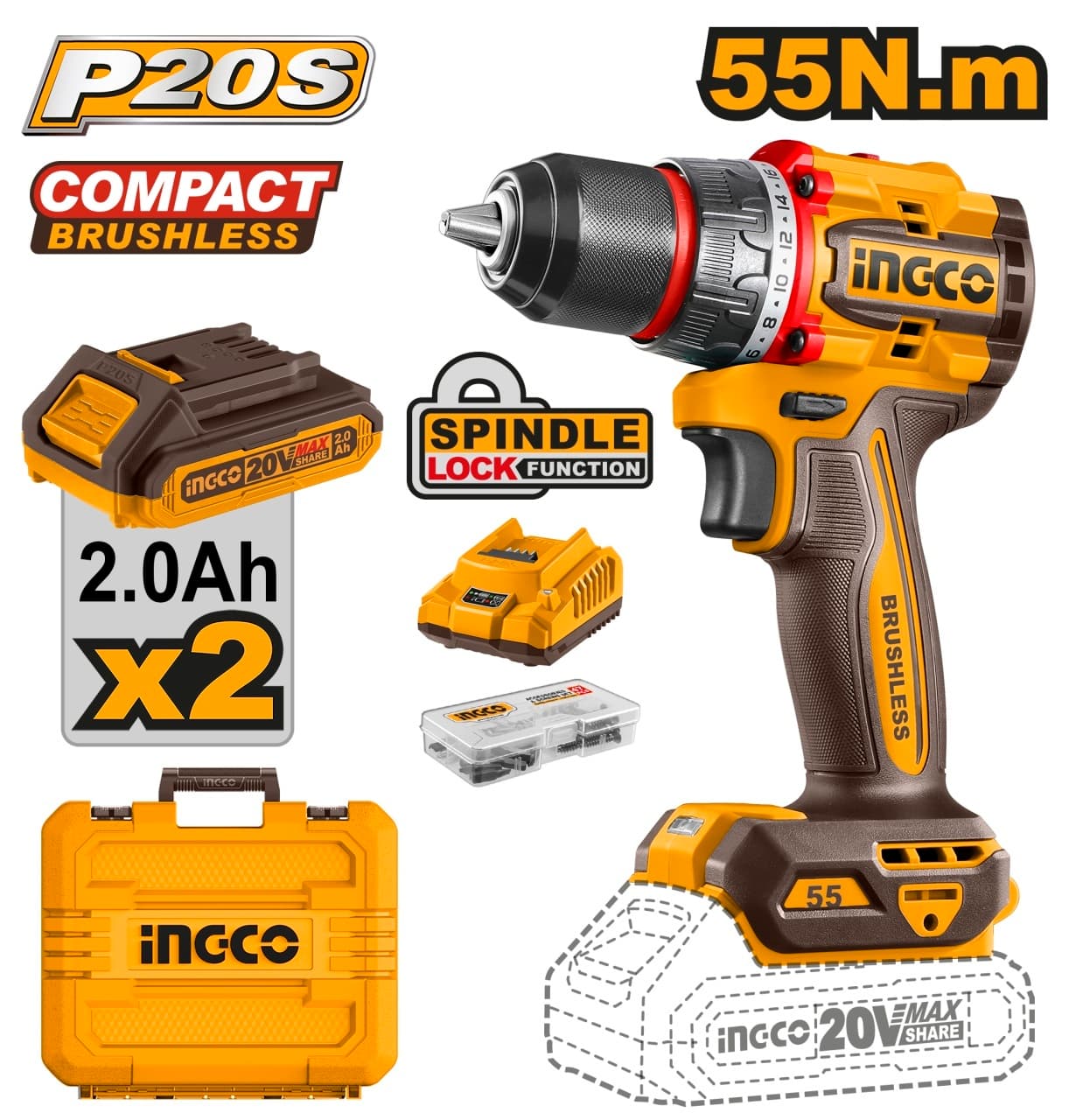 Masina de Gaurit si Insurubat 20V INGCO CDLI20558E, 55Nm, brushless, 2 viteze 0-500/2000 rpm, mandrina metalica 13 mm, 2 acumulatori 2.0Ah, incarcator, 47 accesorii