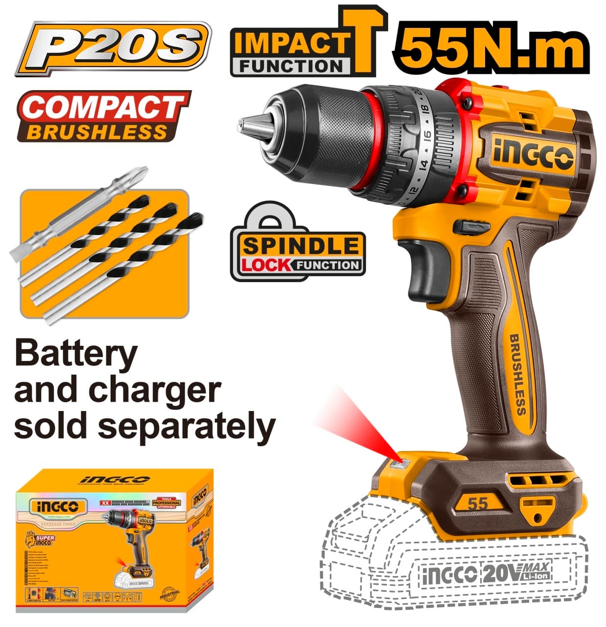 Masina de Gaurit si Insurubat cu Impact 20V INGCO CIDLI205581, 55Nm, brushless, 2 viteze 0-500/2000 rpm, 30000 bpm, mandrina metalica 13 mm, fara acumulator si incarcator