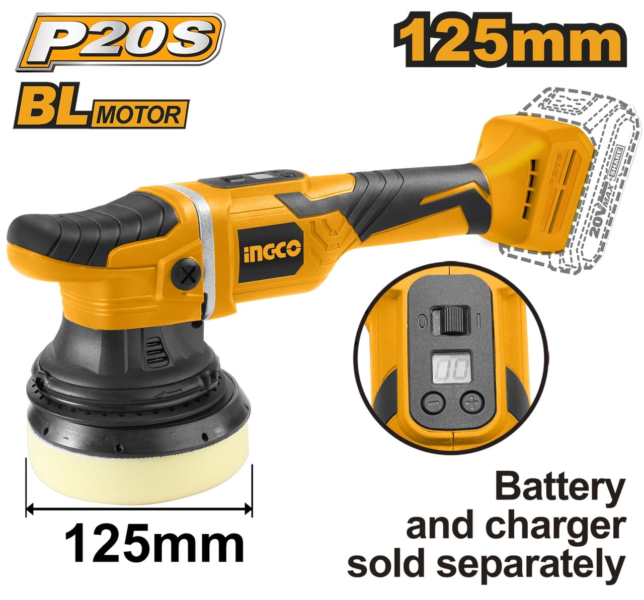 Masina de polishat slefuit Flex Unghiular 20V brushless POLISH Fara acumulator Ingco APLI2002