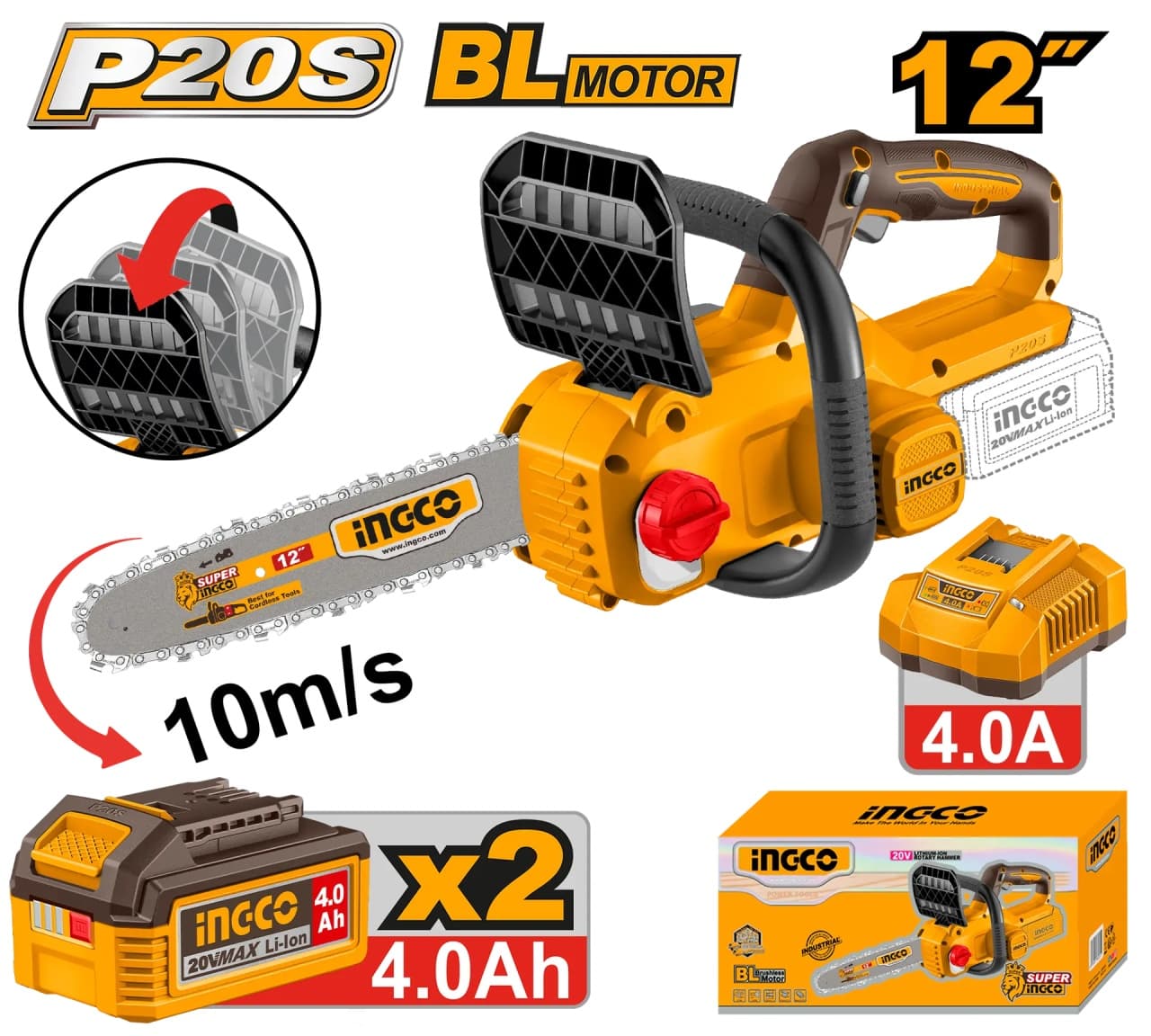 Motofierastrau INGCO CGSLI201262E, 20V, Brushless, lama 30cm / 12”, lant 3/8”, canal 1.1mm, viteza lant 10m/s, 45 zale, ungere automata, 2 acumulatori 4Ah si incarcator