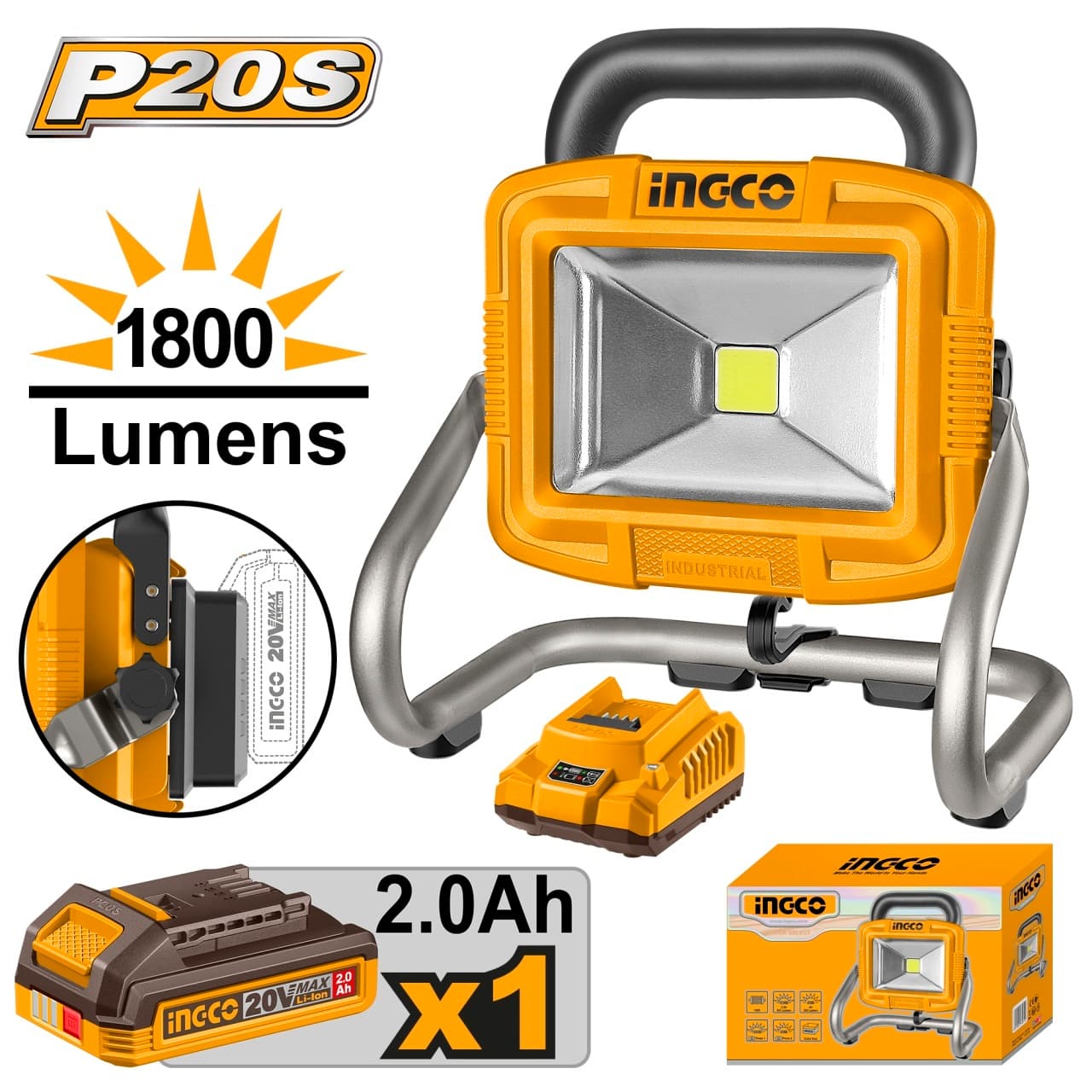 Proiector LED 20V 20W 1800 Lumeni cu Acumulator 2.0Ah si Incarcator CWLI20258 – lampa de lucru profesionala cu 2 moduri iluminare