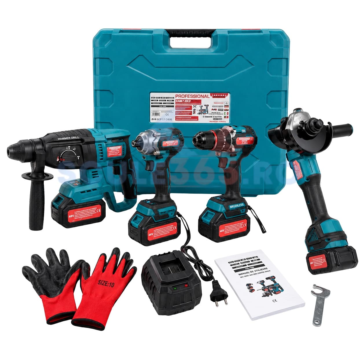 Set scule cu 2 acumulatorI 48v, 8ah, polizor unghiular, ciocan rotopercutor, cheie impact, bormasina Trusa CAMPION PROFESSIONAL CMP1829