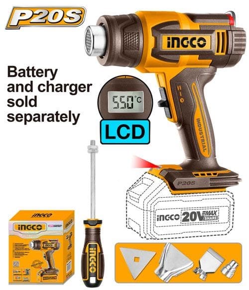 Termosuflanta INGCO HGLI2003, 20V, temperatura reglabila 30-550°C, debit aer 100/200 L/min, afisaj LCD, 3 duze, racleta inclusa, fara acumulator si incarcator