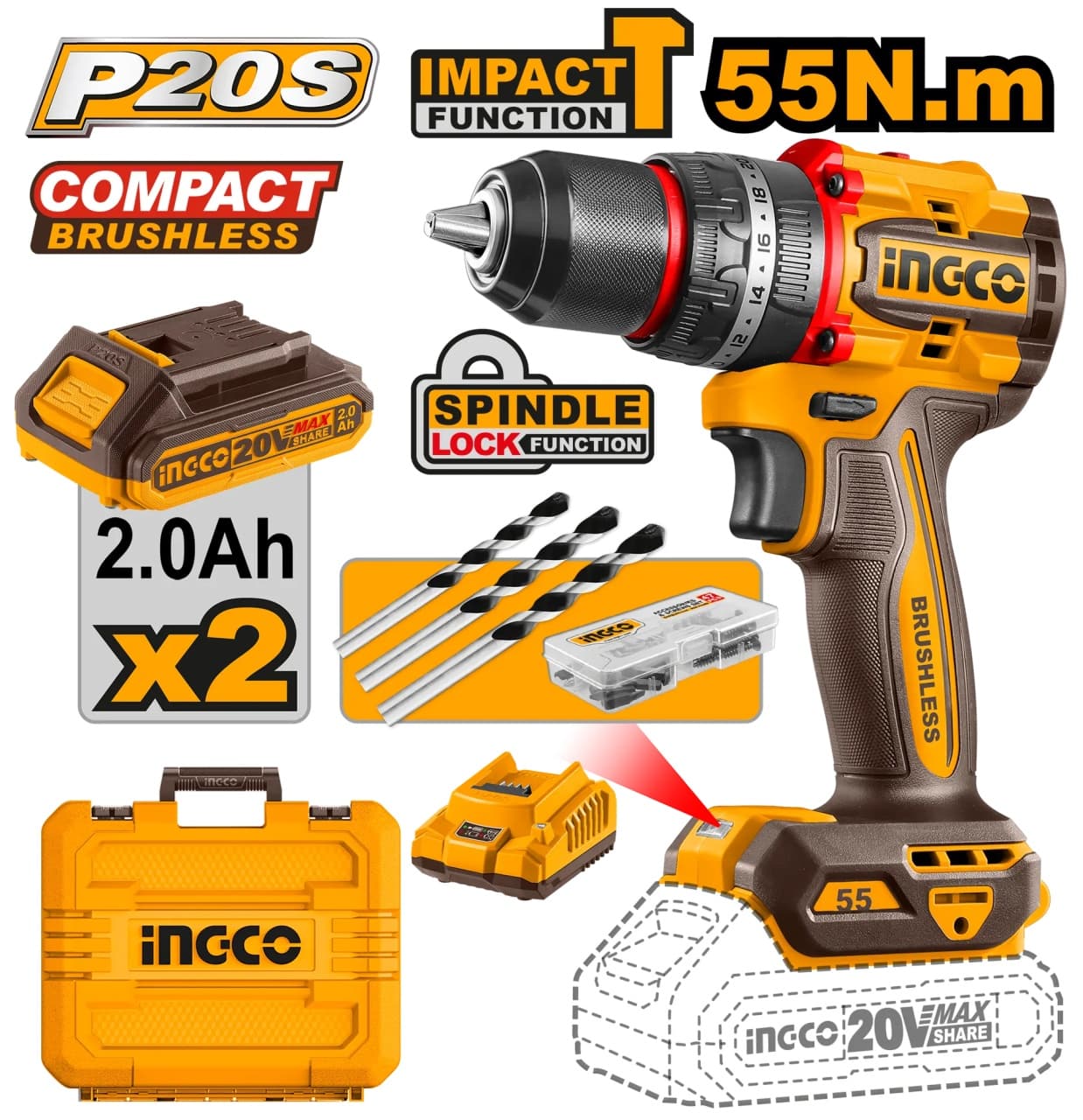 Bormasina cu Impact 20V 55Nm CIDLI20558E, Motor Brushless, Mandrina Metalica 13 mm, 2 Acumulatori 2.0Ah, Incarcator, 47 Accesorii si 3 Burghie Zidarie