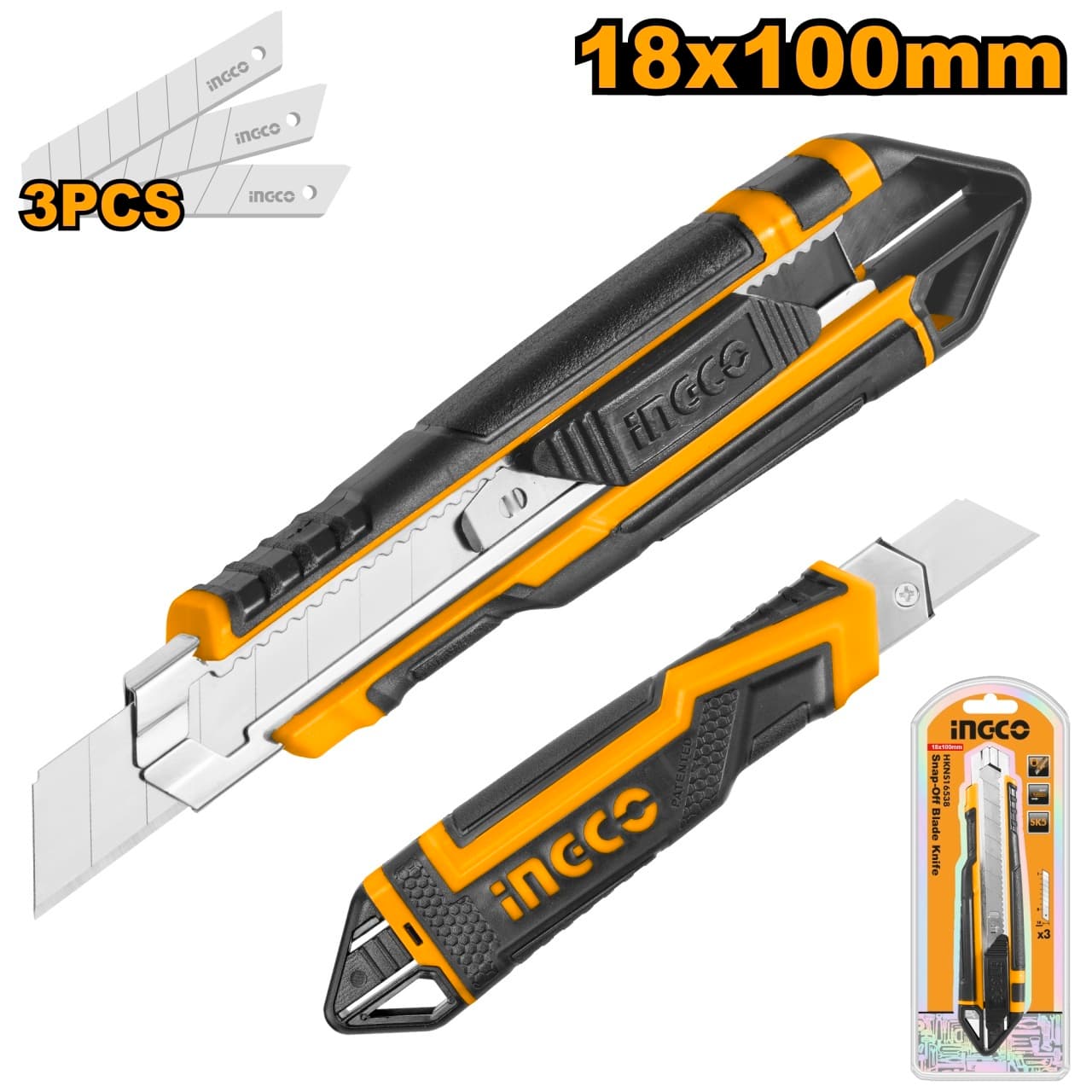 Cutter Plastic cu Maner Cauciuc, Lama 18 mm x 100 mm, 3 Lame SK5 Incluse, Lungime 169 mm, Buton Plat de Impingere HKNS16538