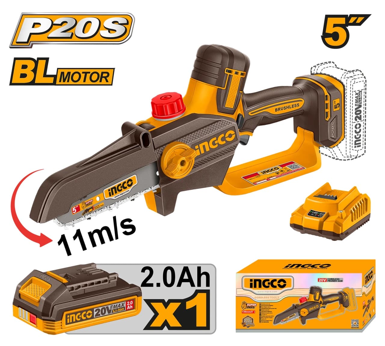 Fierastrau de mana INGCO CGSLI20561E, 20V, Brushless, lama 13cm / 5”, ungere automata, lant 1/4”, viteza 11m/s, 36 zale, acumulator 2Ah, incarcator si cutie transport