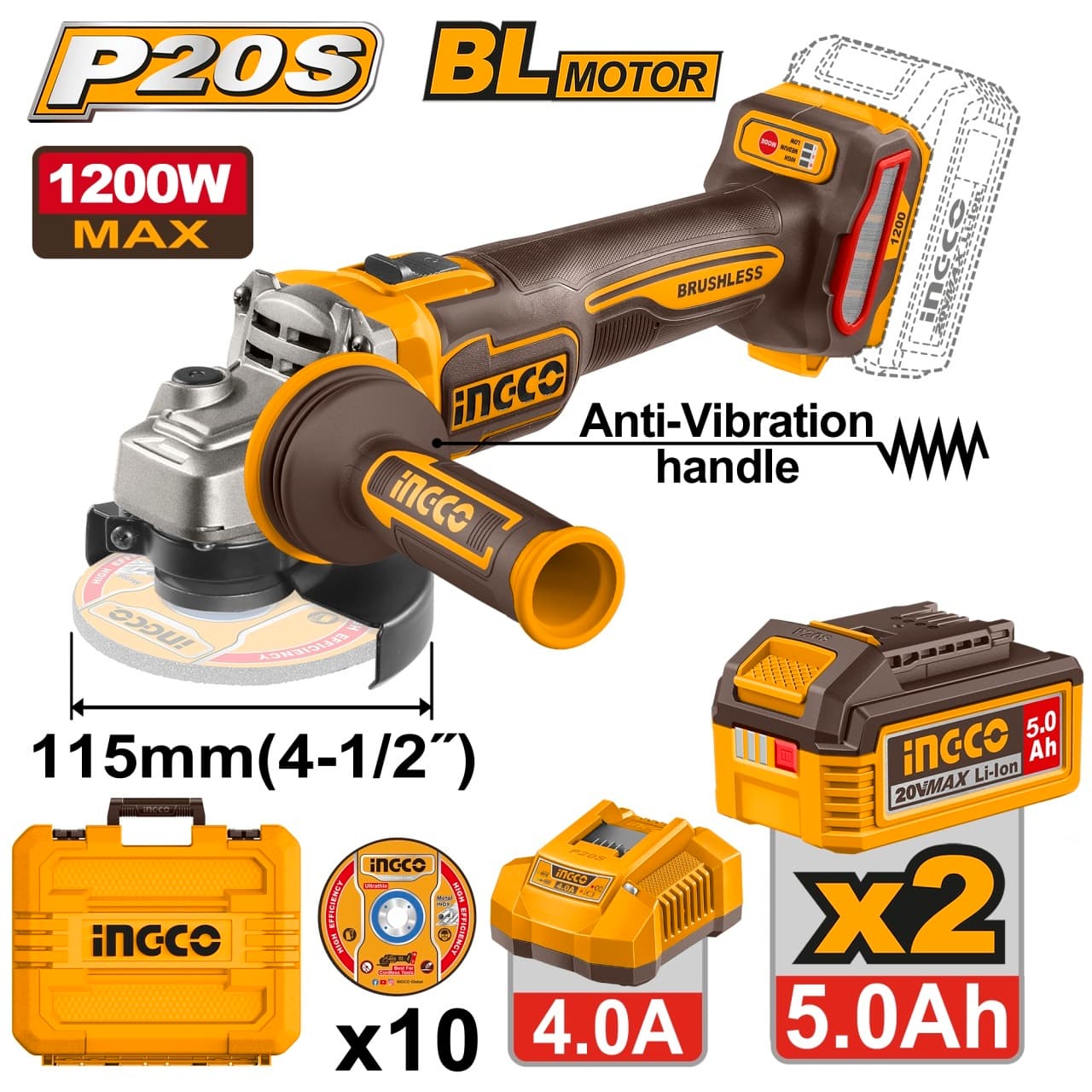 Flex Unghiular Industrial 20V 115mm 1200W Brushless INGCO CAGLI2120252E, 3000/6000/9000 rpm, filet M14, maner anti-vibratii, 2 acumulatori 5Ah + incarcator + accesorii incluse