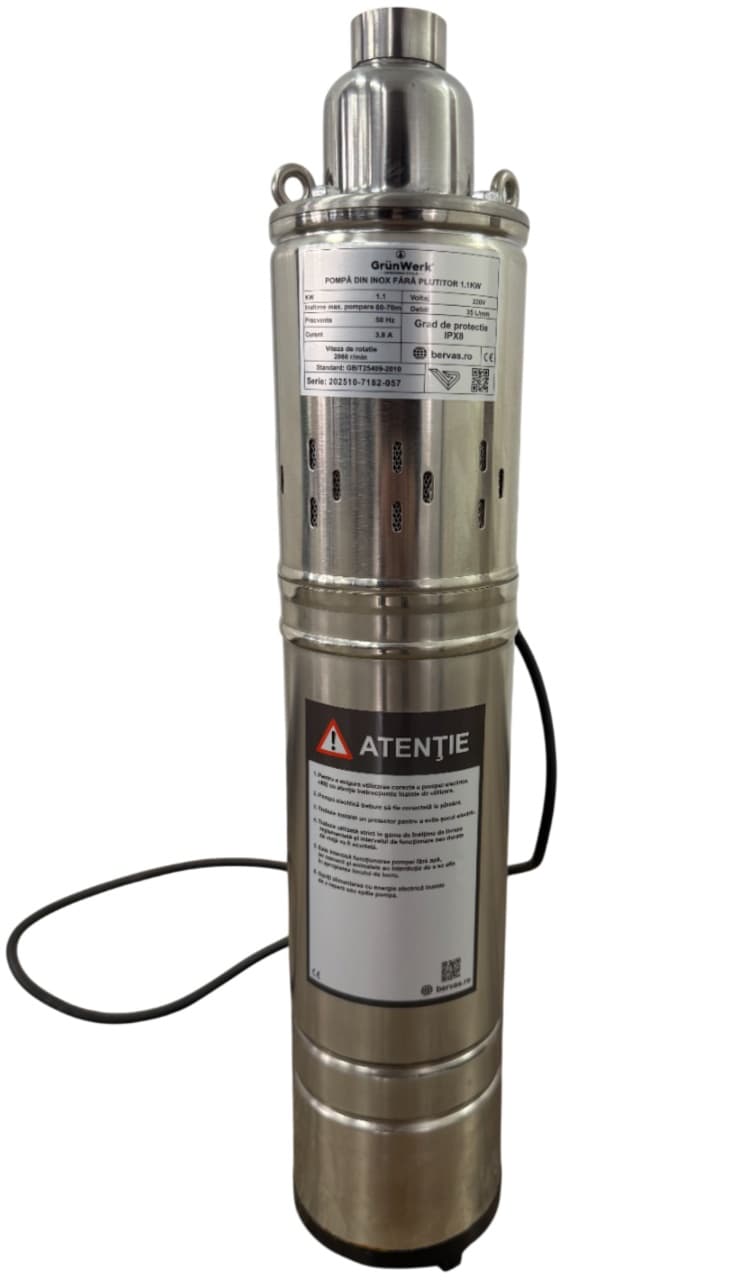Pompa Inox Submersibila cu Snec Fara Plutitor GW GW7182, Putere 1.1KW (1100W), Cablu 9.5m, Inaltime 51.5cm, Latime 10.5cm, Circumferinta 31cm, Carcasa Otel Inoxidabil, Pentru Apa Curata sau Usor Murdara