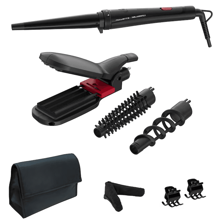 Aparat de coafat 9 in 1 ROWENTA x Karl Lagerfeld Infinite Looks CF422LF0 9 accesorii invelis ceramic 48 W varf rece negru & rosu