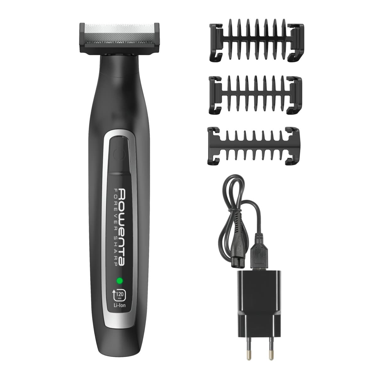 Aparat hibrid de tuns conturat și bărbierit Rowenta Forever Sharp TN6000F5 wet&dry lame inox cu tehnologie de autoascutire 3 piepteni negru