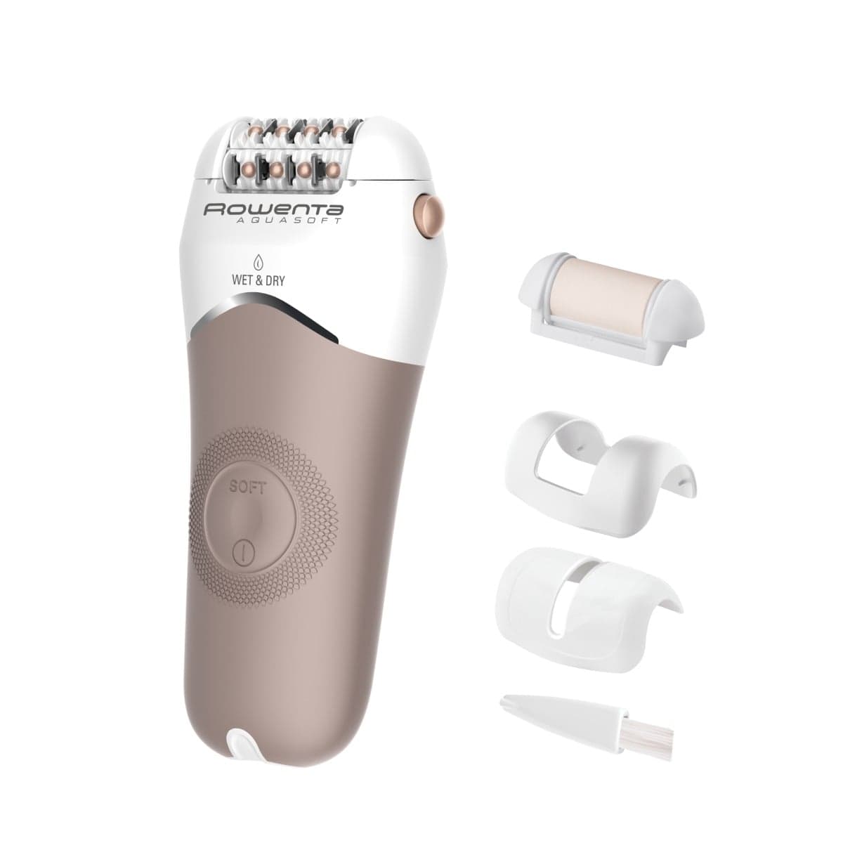 Epilator Rowenta AquaSoft Wet & Dry EP4924F0 2 trepte de viteza 24 de pensete autonomie 40 minute tehnologie Skin Respect alb & bej