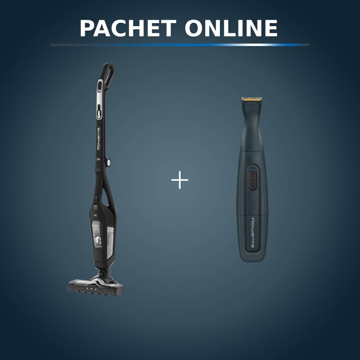 Pachet PROMO Aspirator vertical 2 în 1 Rowenta Dual Force RH6735WH & Aparat de tuns barba Rowenta Nomad TN3651F0