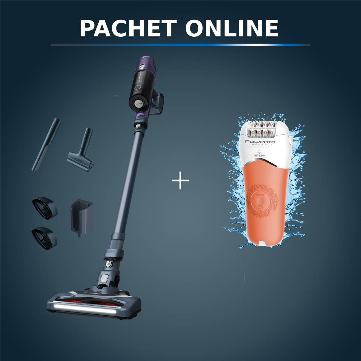 Pachet PROMO Aspirator vertical fără fir Rowenta X-Pert 6.60 Essential RH6838WO & Epilator Rowenta Aqua Soft EP4920F0 4 accesorii