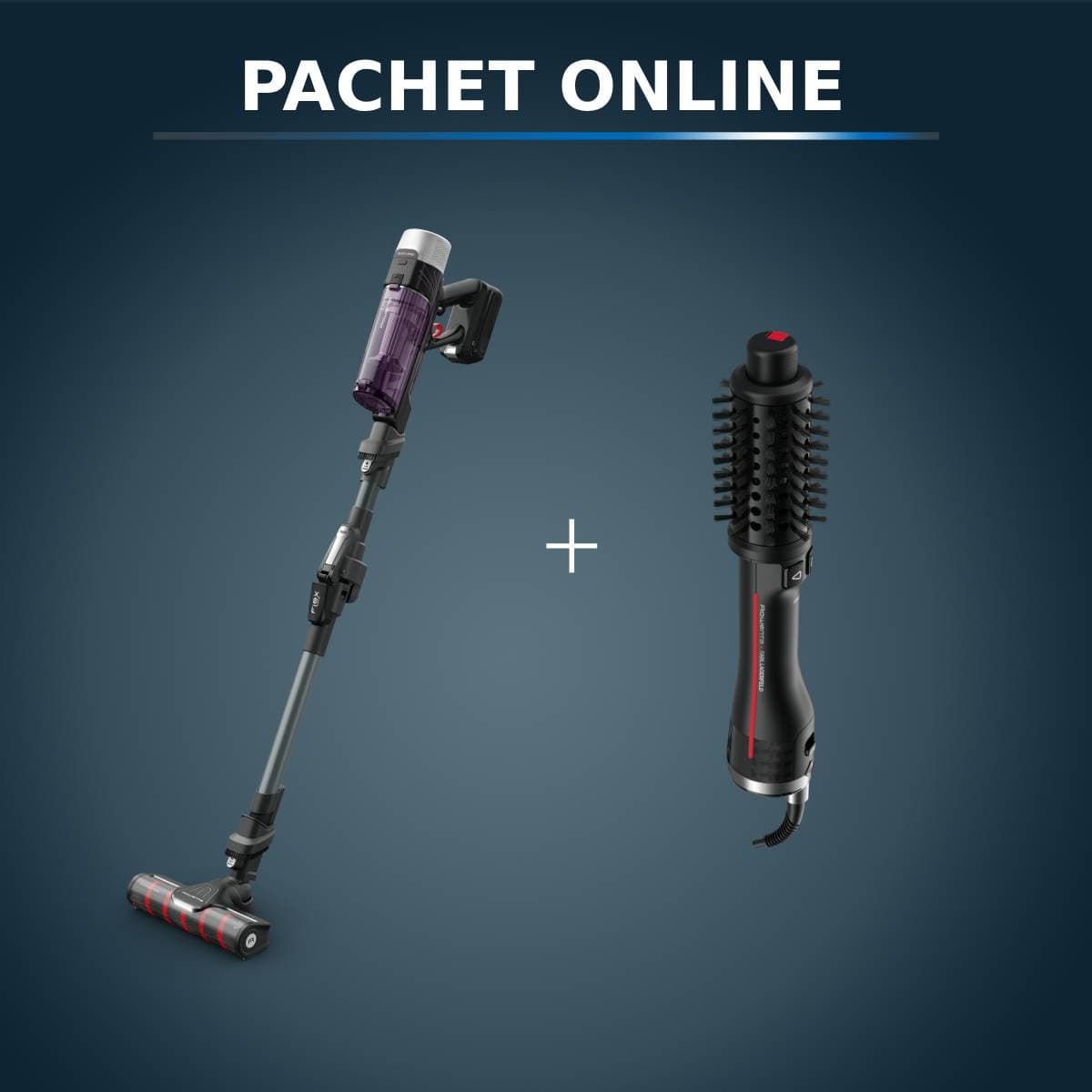 Pachet PROMO Aspirator vertical Rowenta X-Force Flex 9.60 Allergy RH2048WO & Peria rotativă cu aer cald Rowenta Karl Lagerfeld Pro Stylist CF961LF0