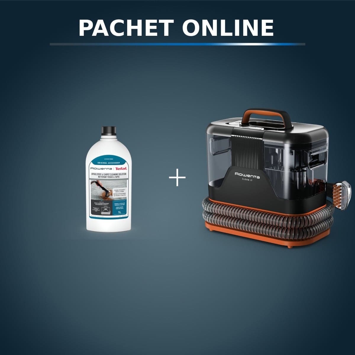 Pachet PROMO Aspirator tapiterie Rowenta Clean IT IN5011F0 si Detergent lichid Rowenta XD5310F0 pentru textile si covoare 1 litru