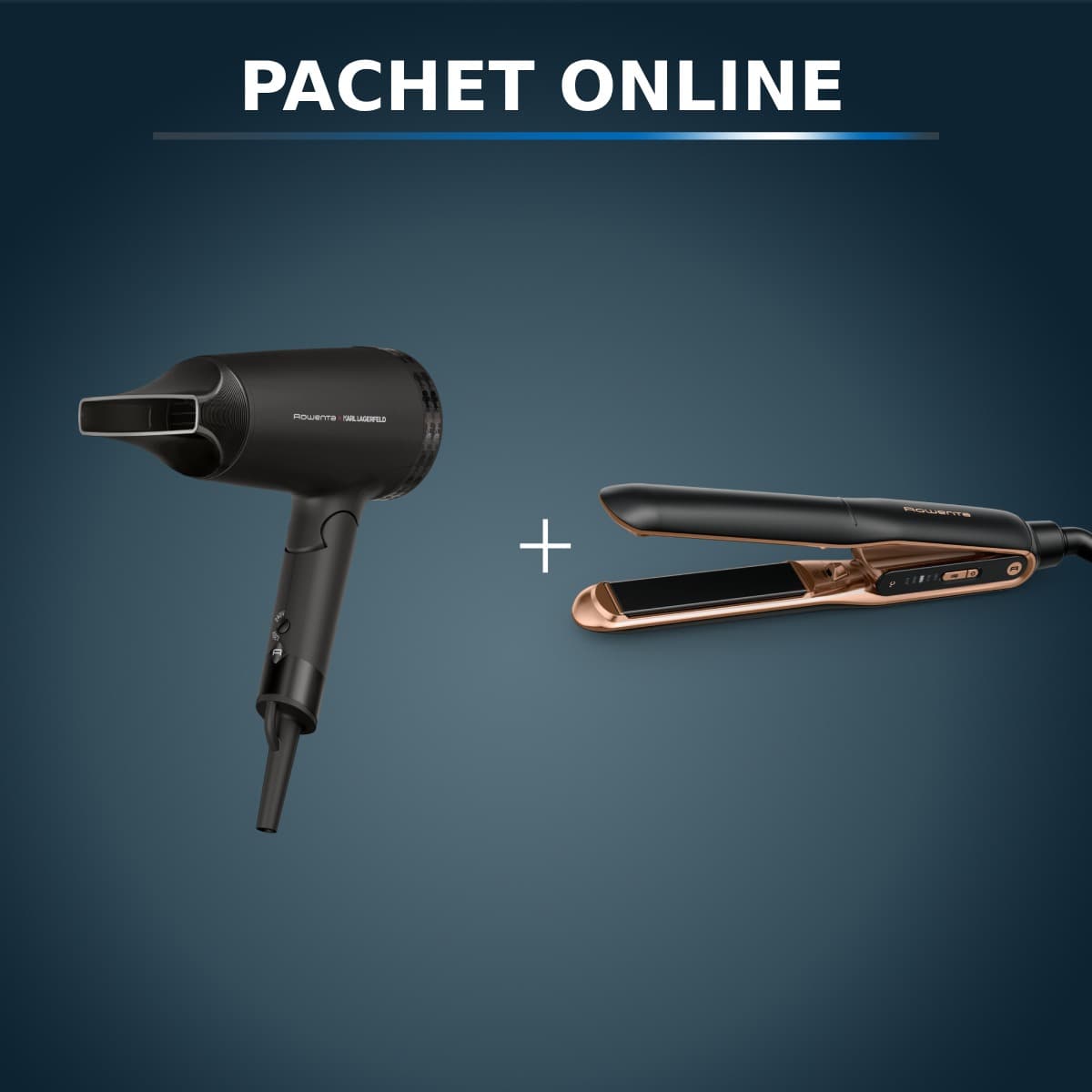 Pachet PROMO Uscator de par ROWENTA x Karl Lagerfeld Express Style CV184LF0 si Placa de indreptat parul Rowenta Ultimate Experience SF8120F0