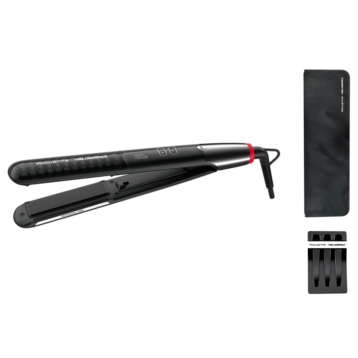 Placă de păr Rowenta Karl Lagerfeld Pro Stylist SF467LF0 invelis Keratin & Glow temperatură variabilă ecran LCD generator de ioni oprire auto